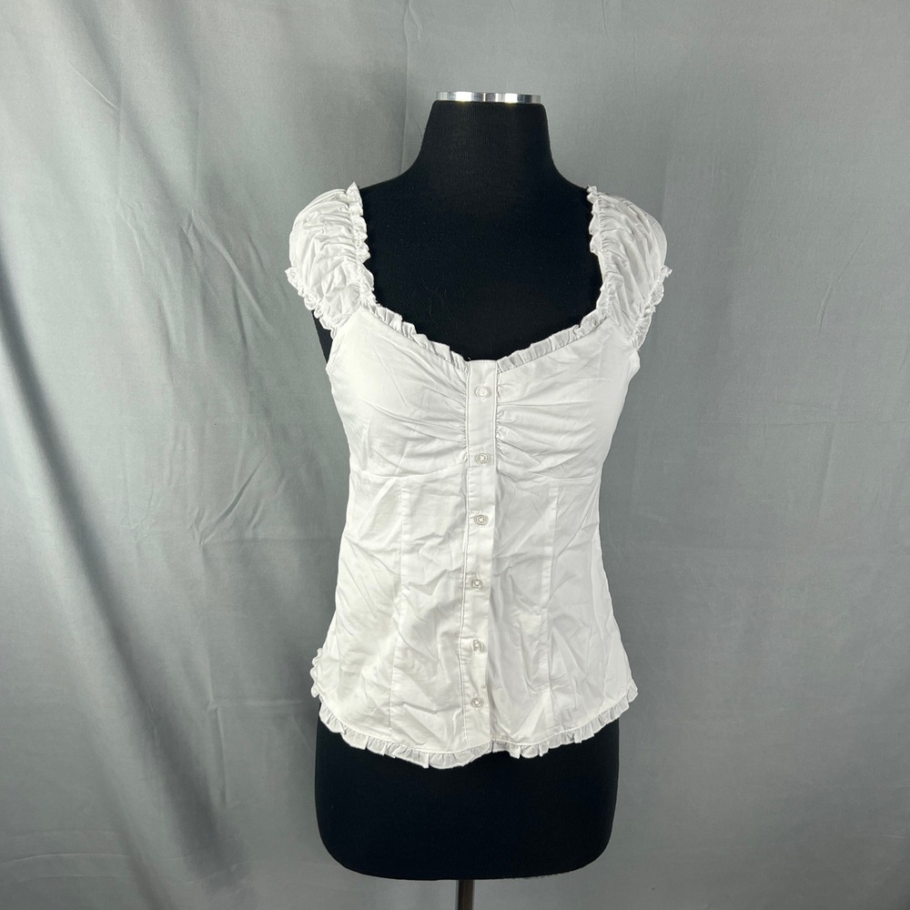 Hollister Talia Crop Top Womens Small White Smocked Back Ruffled Trim Cap Sleeve